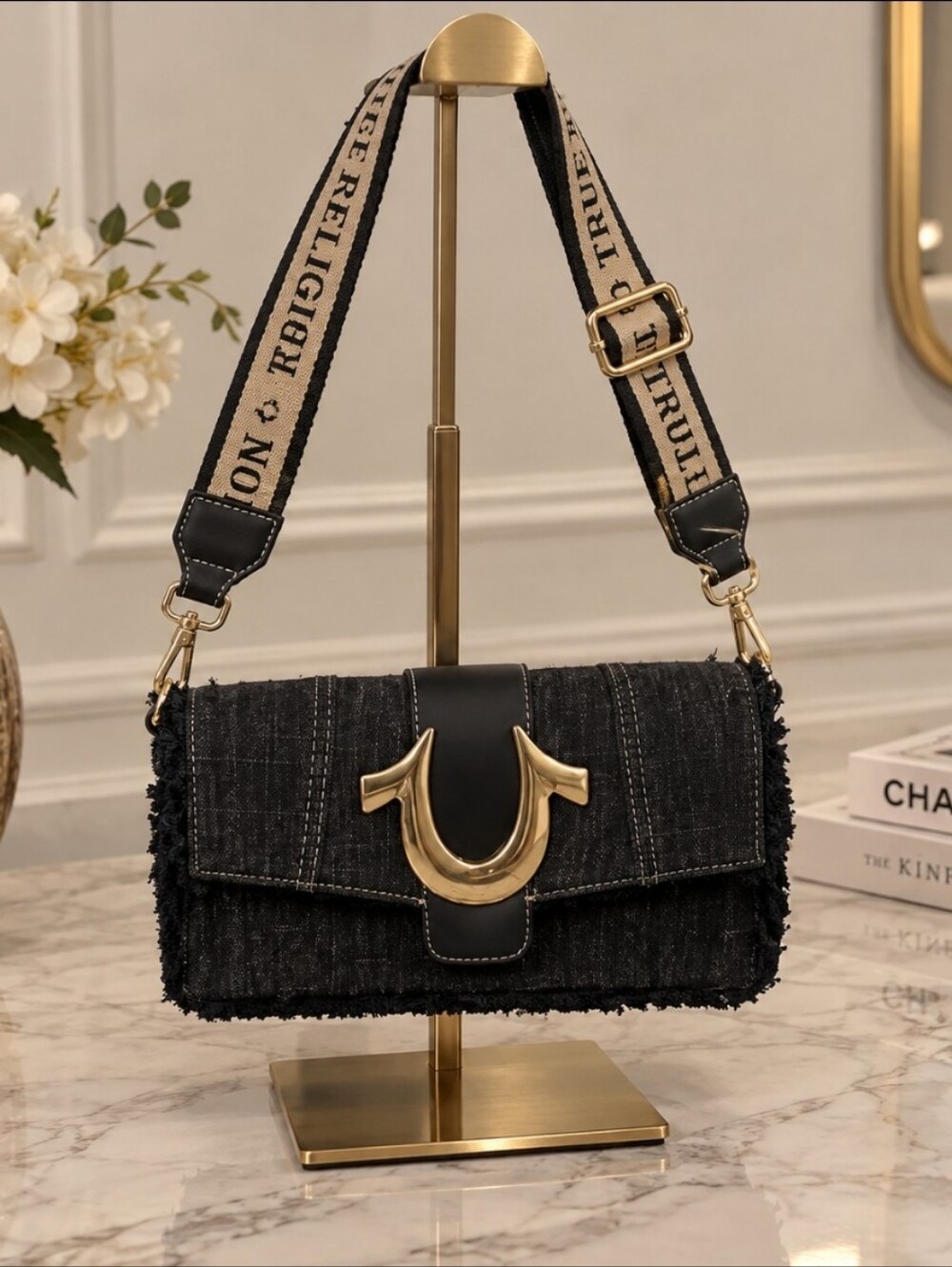 Black True Religion Shoulder Bag with Gold Accent